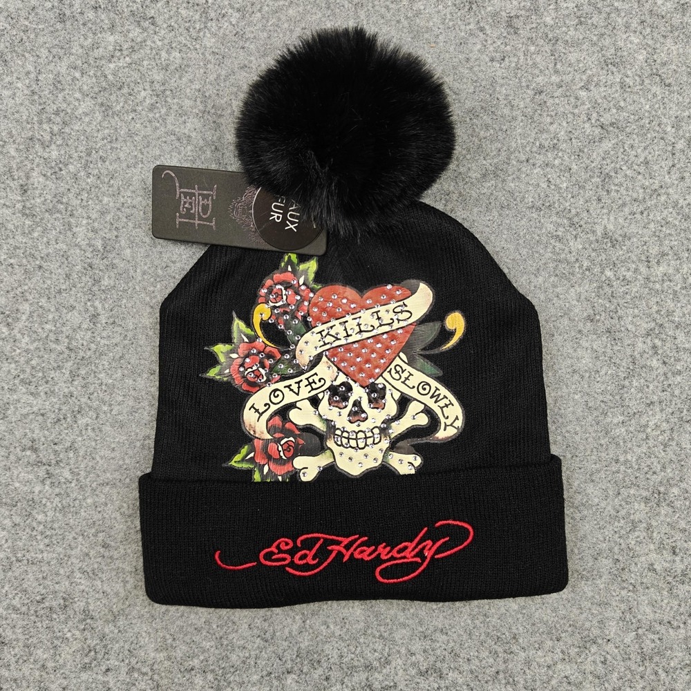 Ed Hardy Hat Beanie Faux Fur‎ Pom One Size Womens Black Skull Rhinestone New